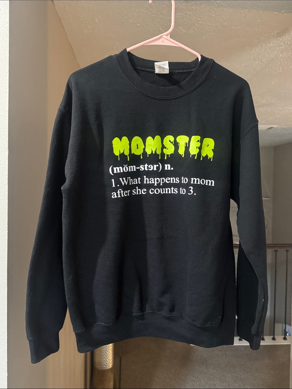 Gildan Black Crewneck Sweatshirt with Neon Green "MOMSTER" Graphic
